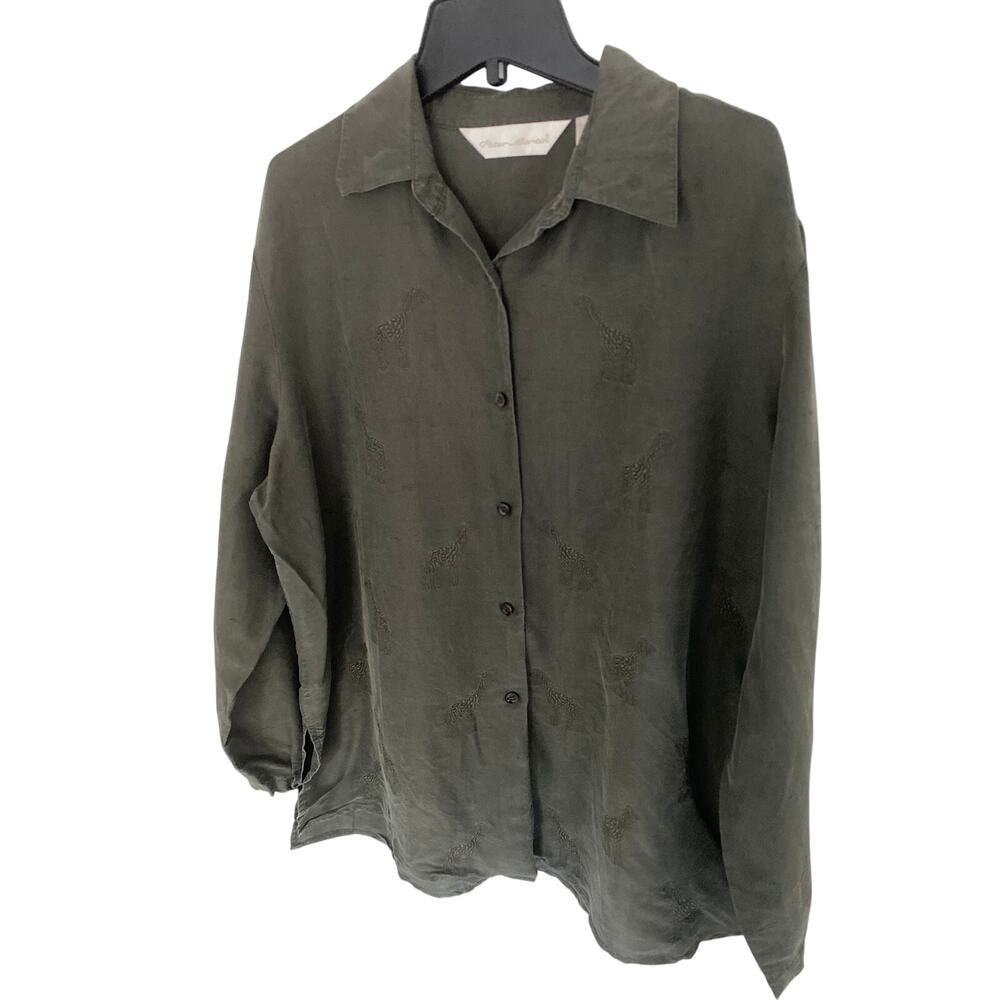 Peter Martin vintage 100% silk embroidered giraffe blouse dark green size 14